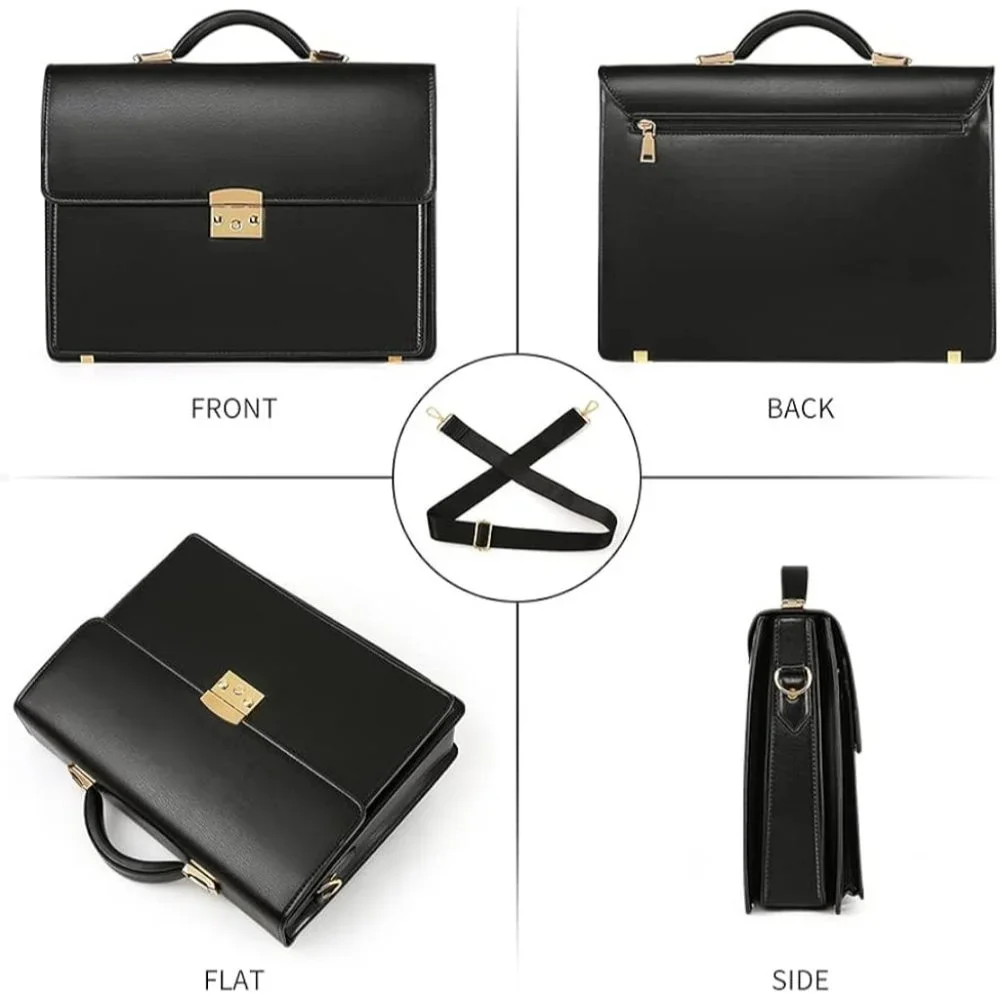 Men's Black Leather Locking Briefcases Laptop Bag